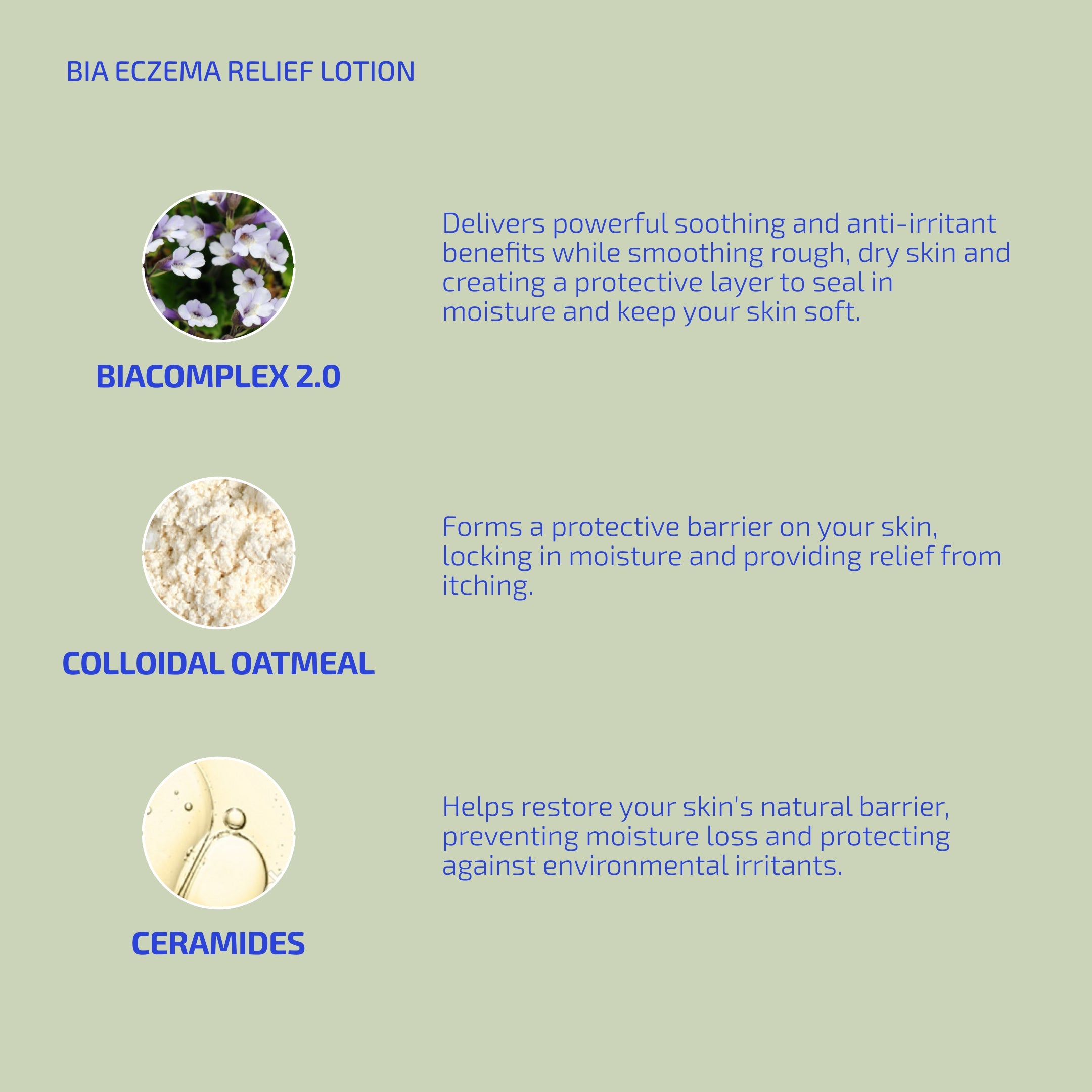 BIA Eczema Relief Lotion ingredients on a green background