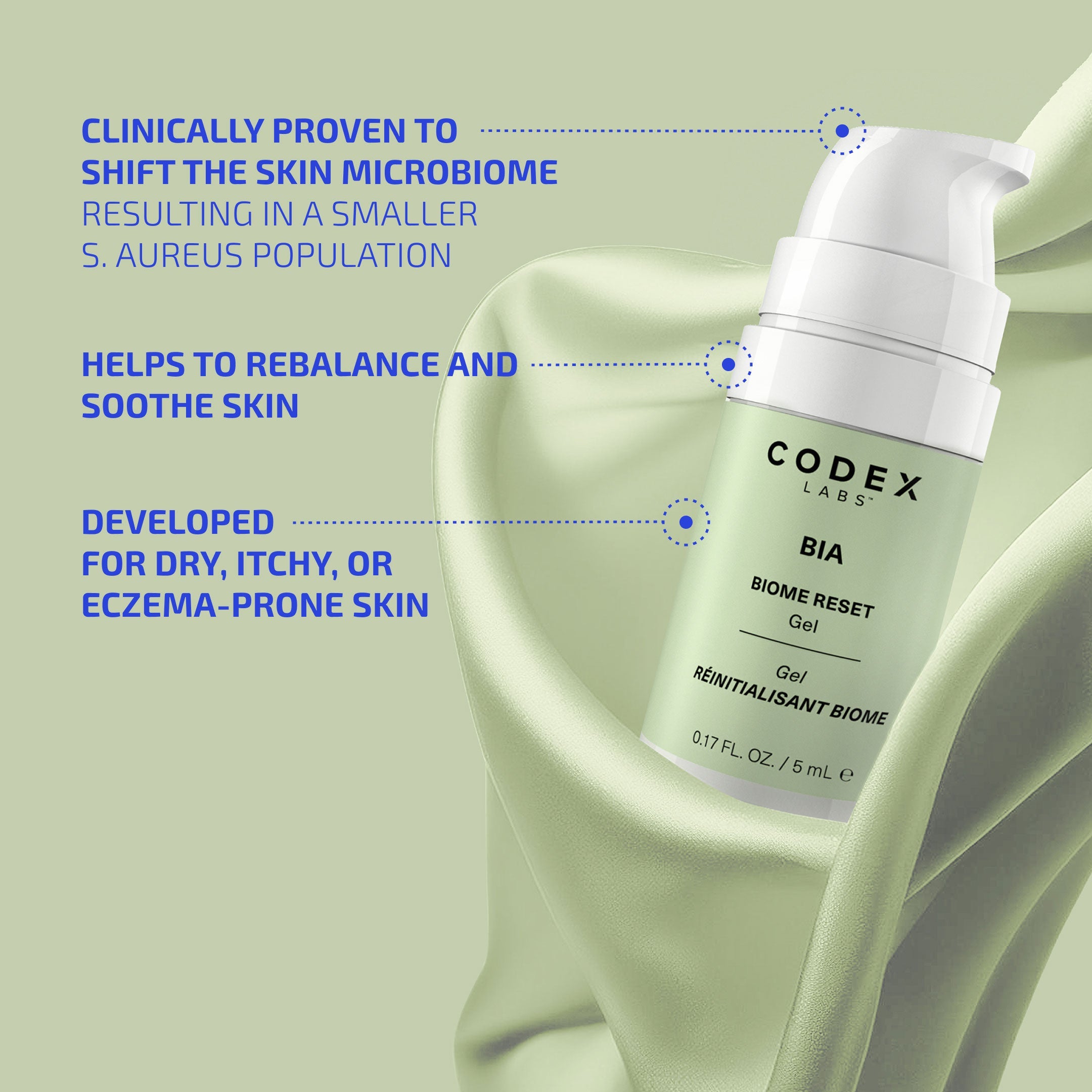 Codex Labs BIA Biome Reset Gel bottle with text on a green background