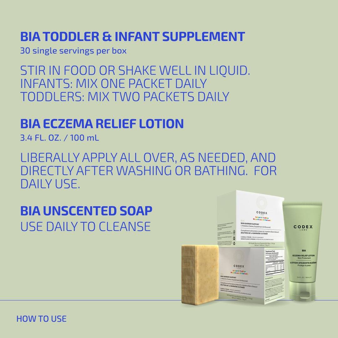 Product packaging with BIAToddler & Infant Supplement, Eczema Relief Lotion, and Unscented Soap on a light green background.