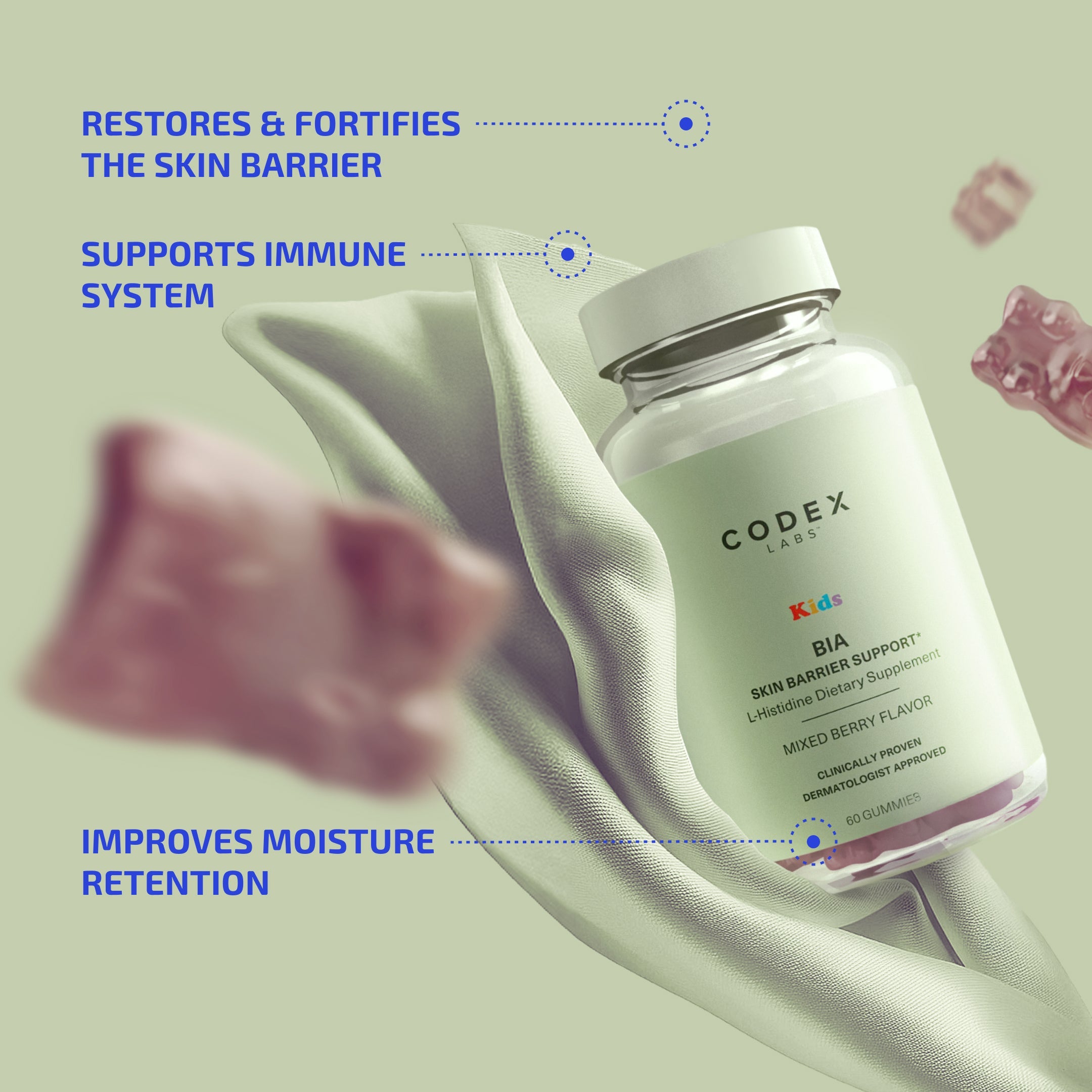 Codex Labs DIA Kids Skin Barrier Support supplement bottle with text on a light green background