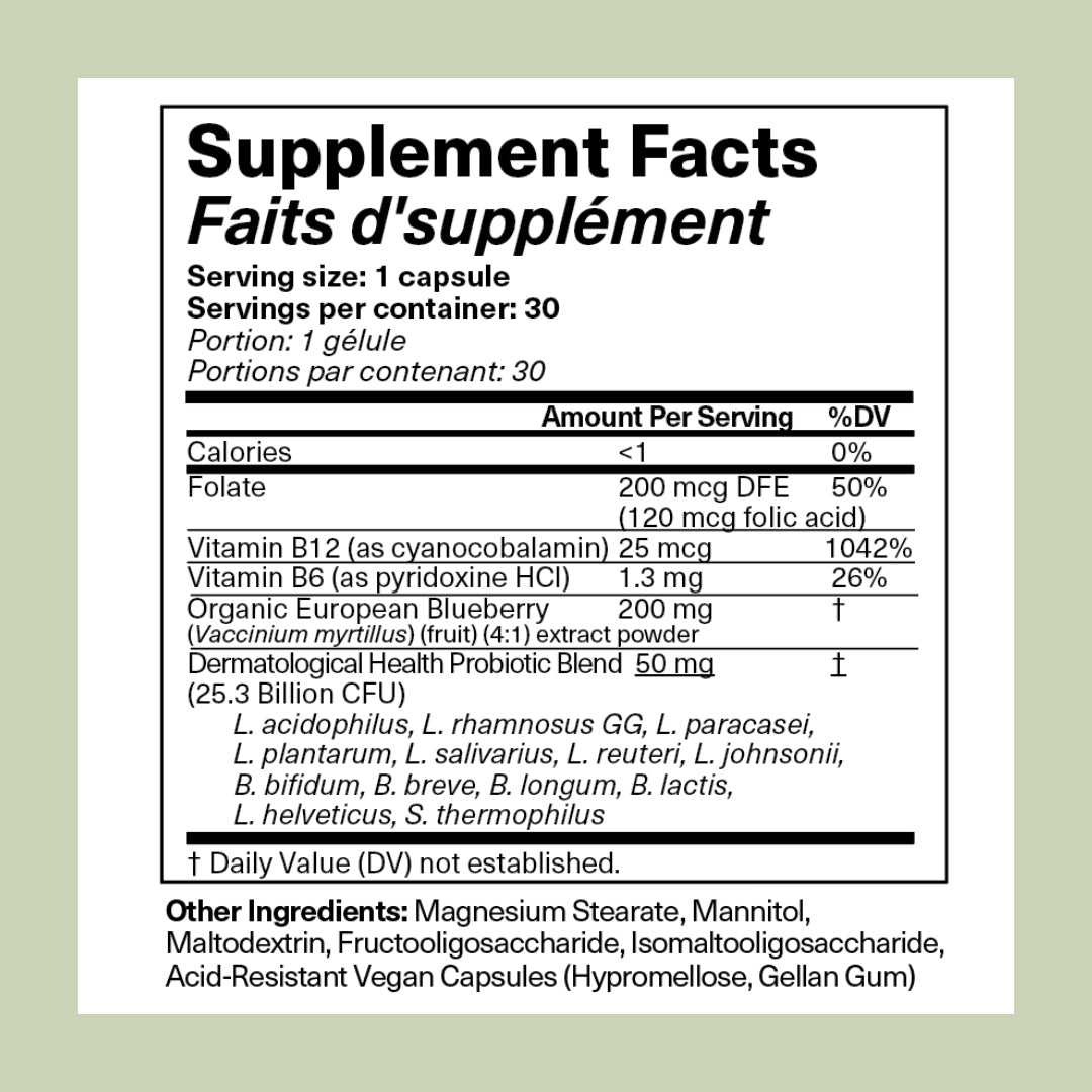 Supplement facts label with detailed nutritional information on a light green background