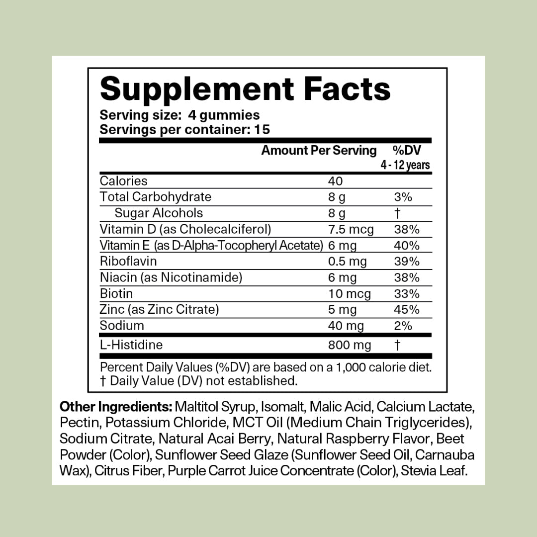 Supplement facts label for gummy vitamins on a light green background by Codex Labs Bia