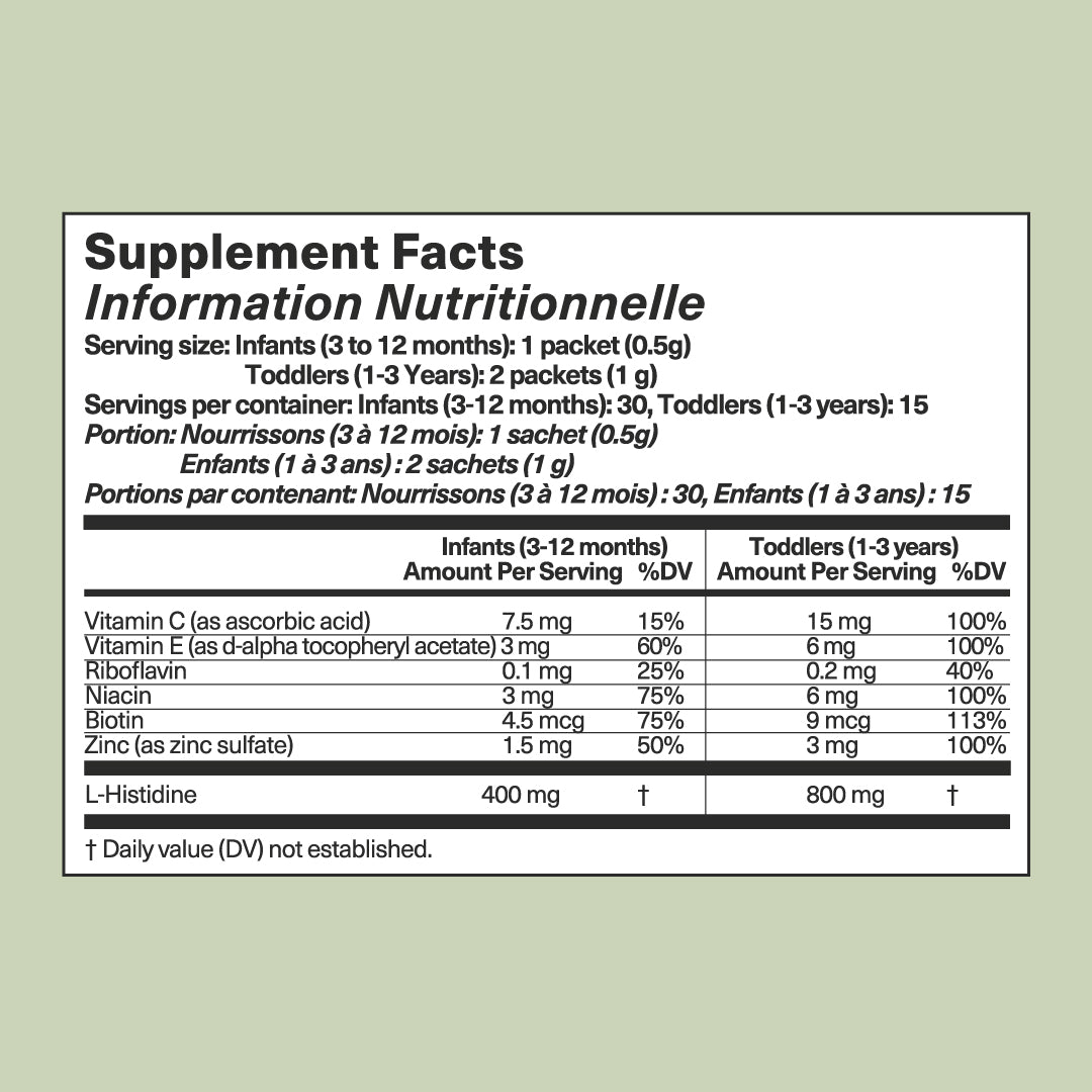 Supplement facts label for infants and toddlers on a light green background