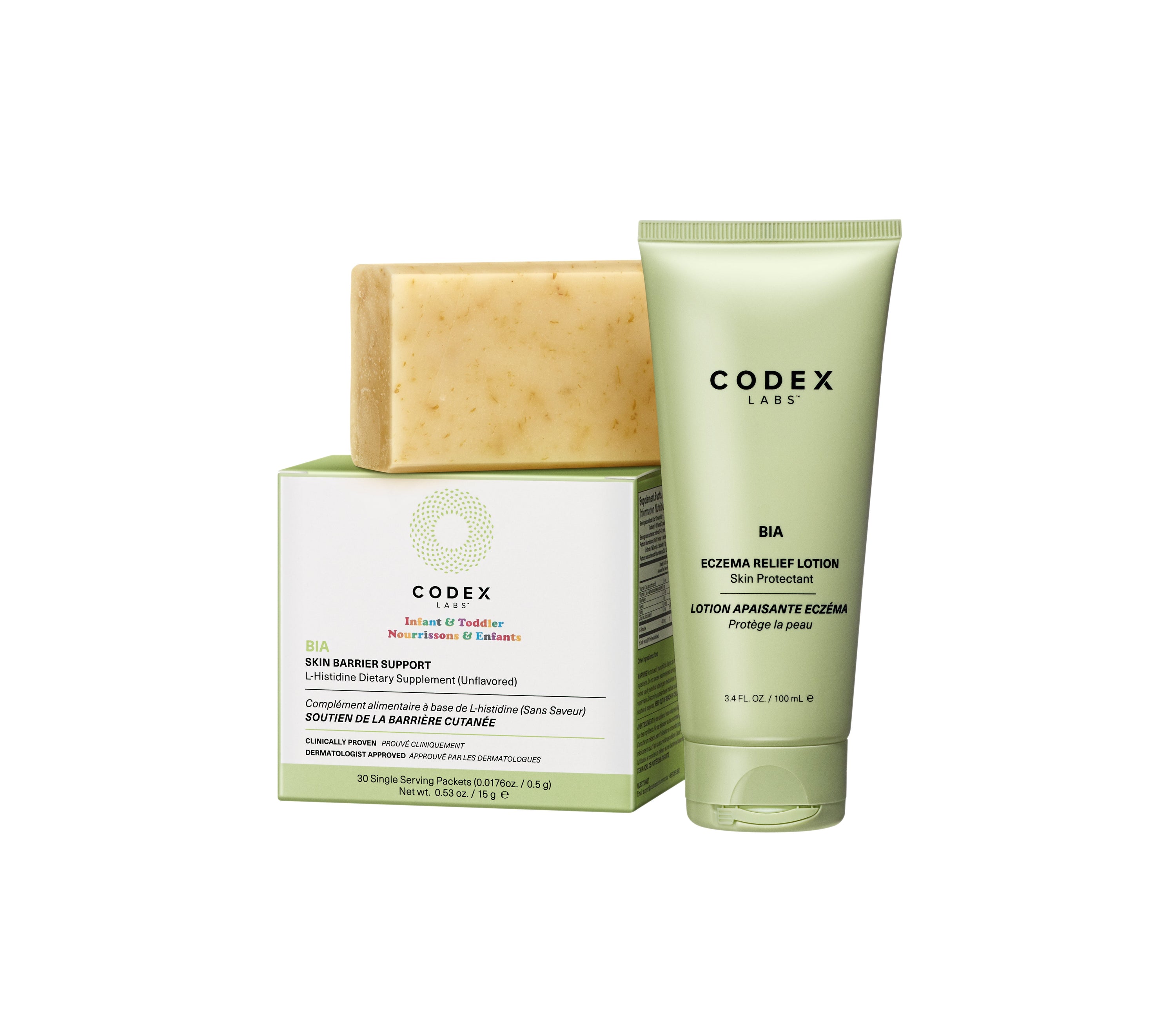 Codex Lass skincare products including a tube and bar on a white background