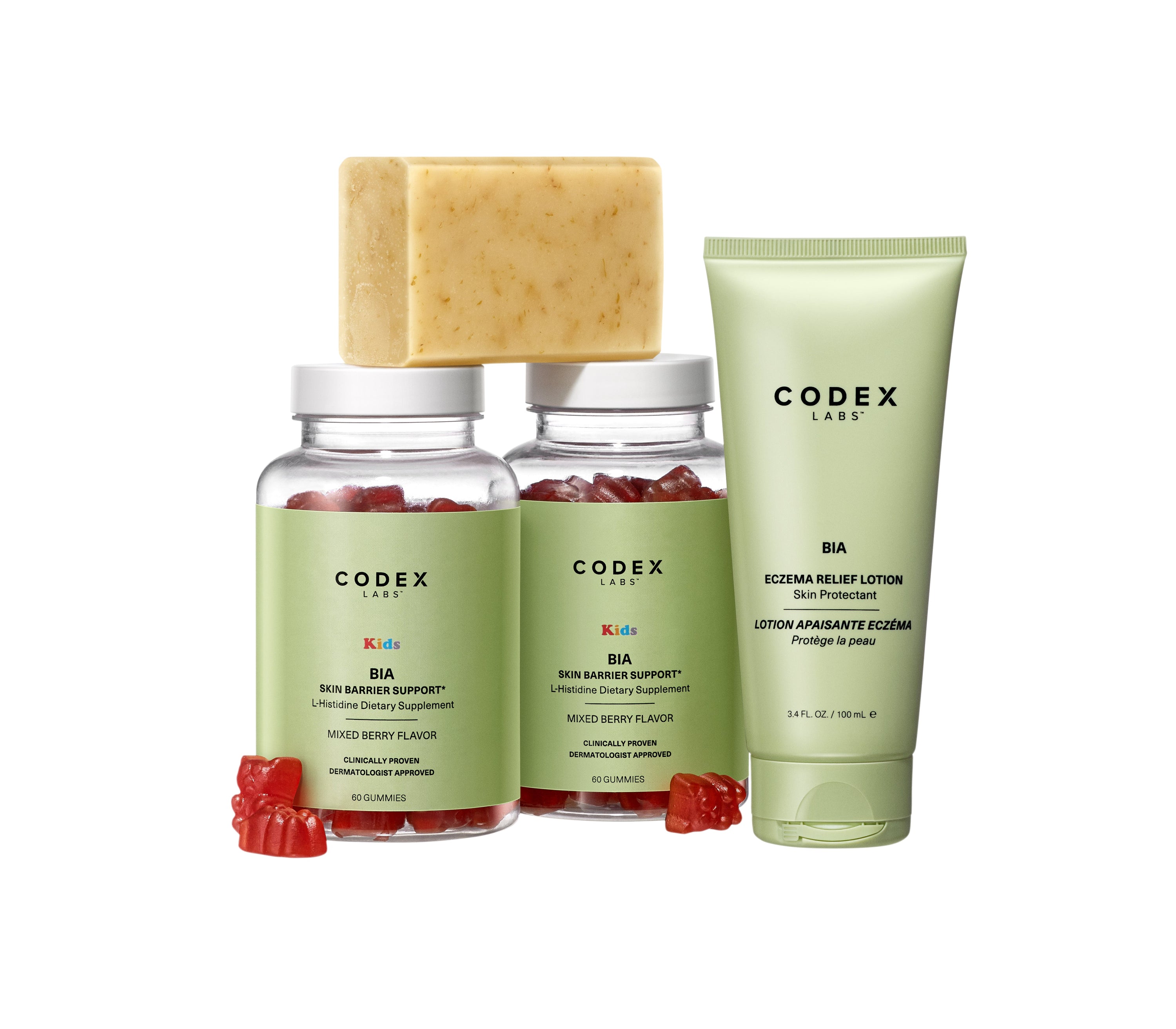 Codex Labs skincare products including gummies, a bar of soap, and lotion on a white background