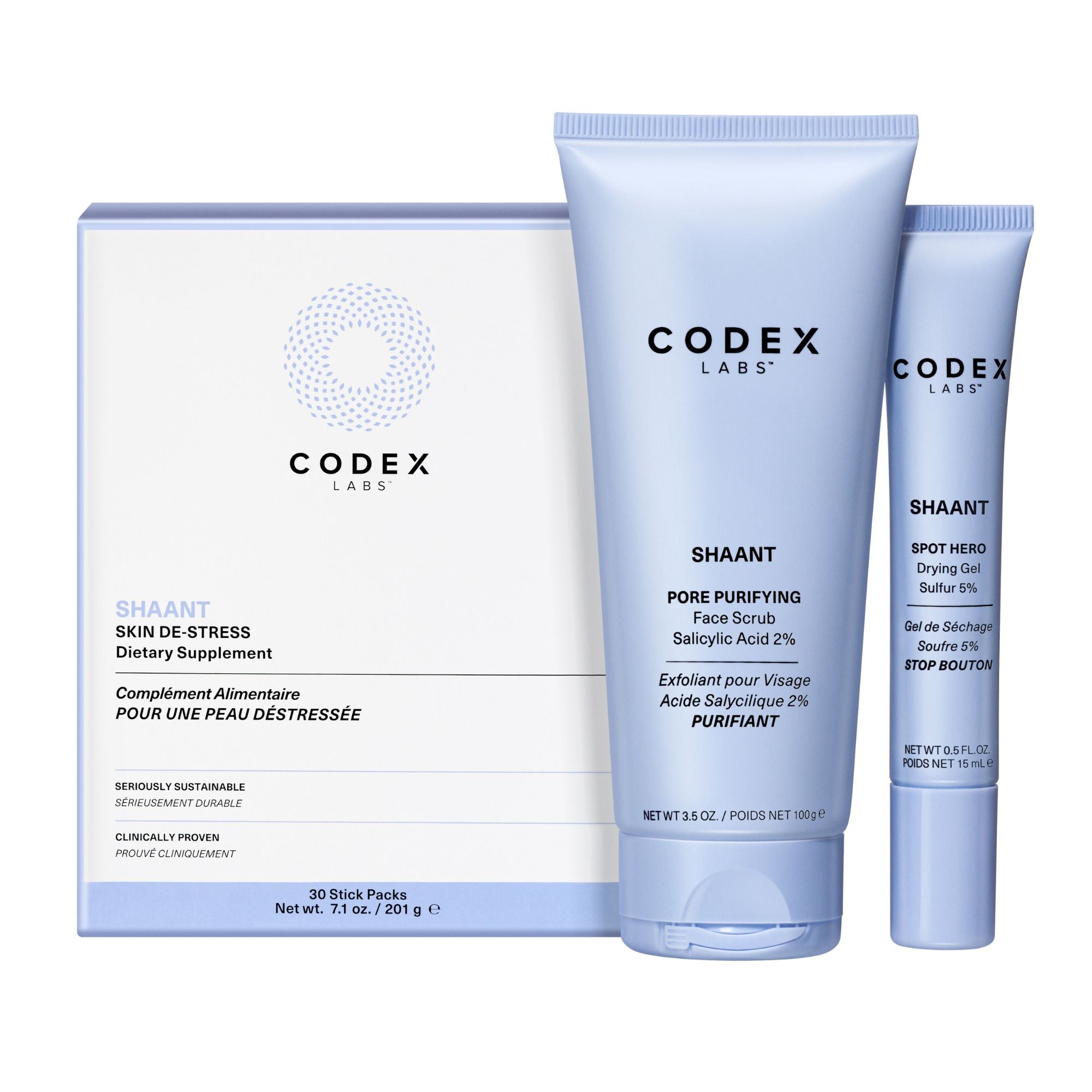 Codex Labs skincare and dietary supplement products on a white background