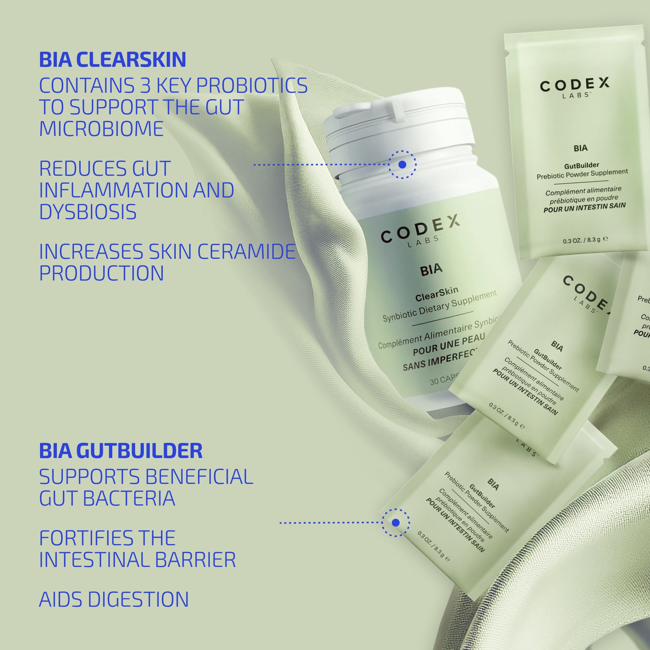 Codex Labs BIA Clearskin and Gutbuilder supplements on a light green background with text highlighting benefits.