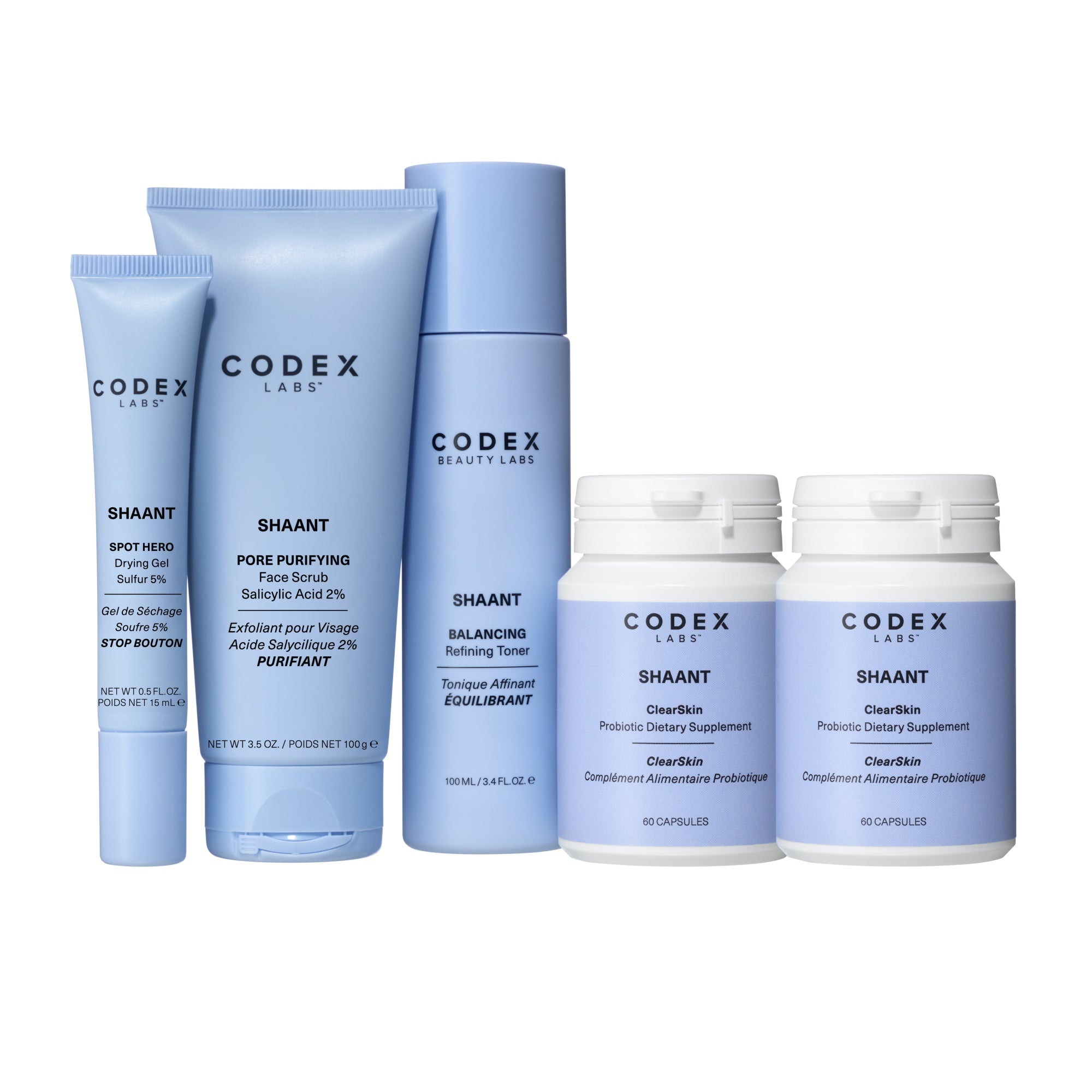 A set of skin care products including a face scrub, toner, and capsules, all labeled 'SHAANT' from the brand CODEX LABS.
